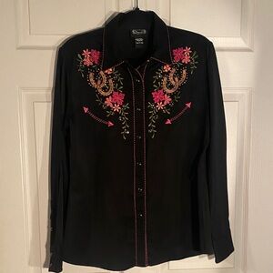 Shyanne Black Blouse with Pink Floral Embroidery